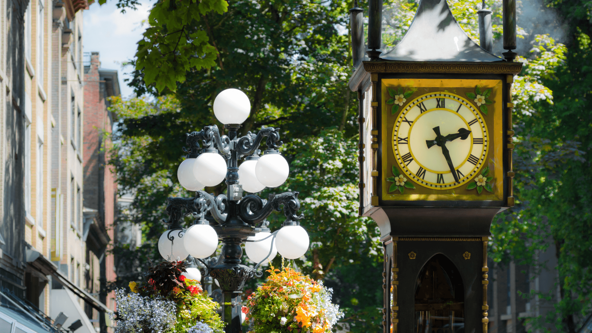 The Gastown Steam Clock surrounded by historic architecture