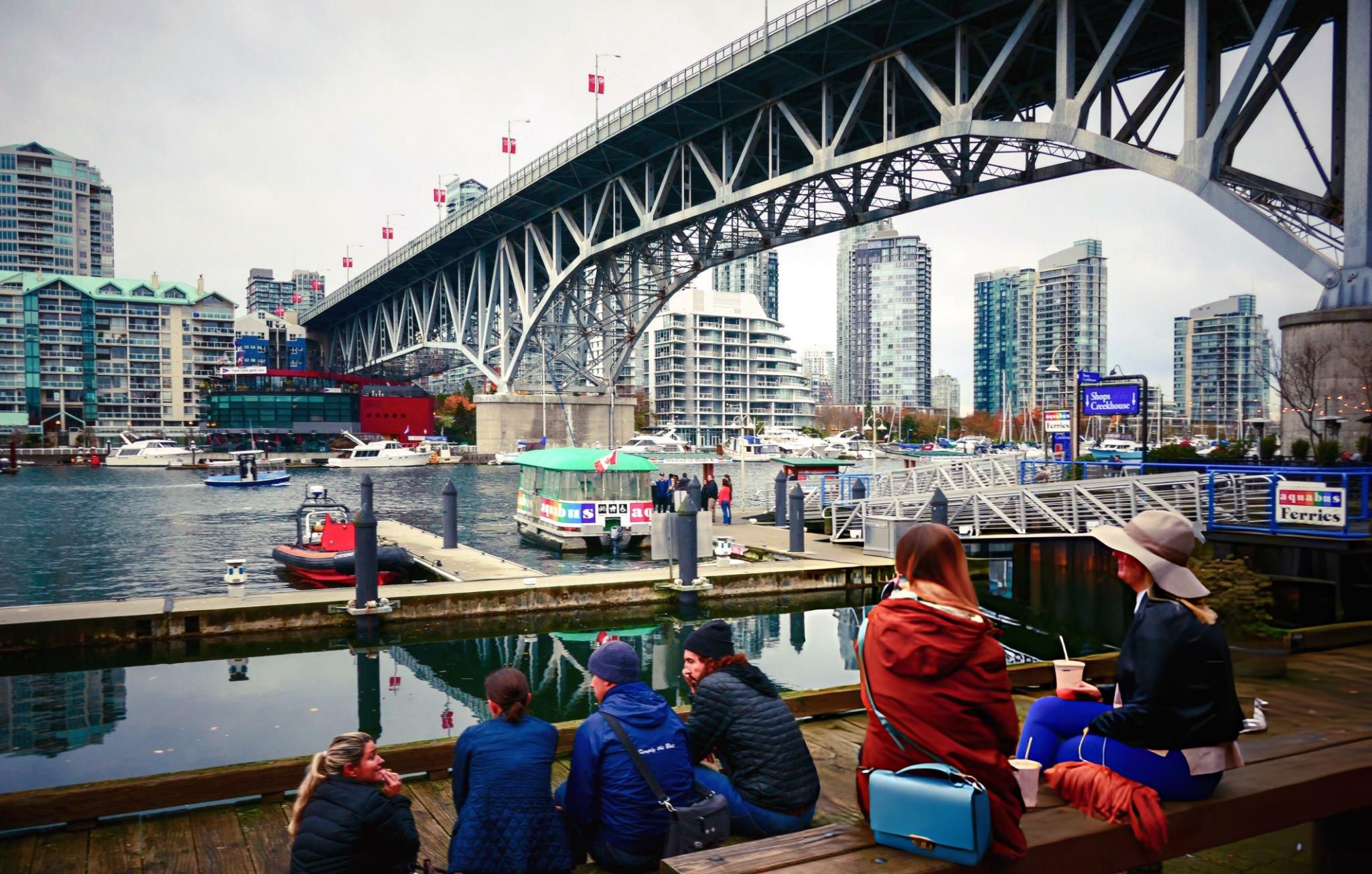 Dockside walking paths and boats at Granville Island False Creek